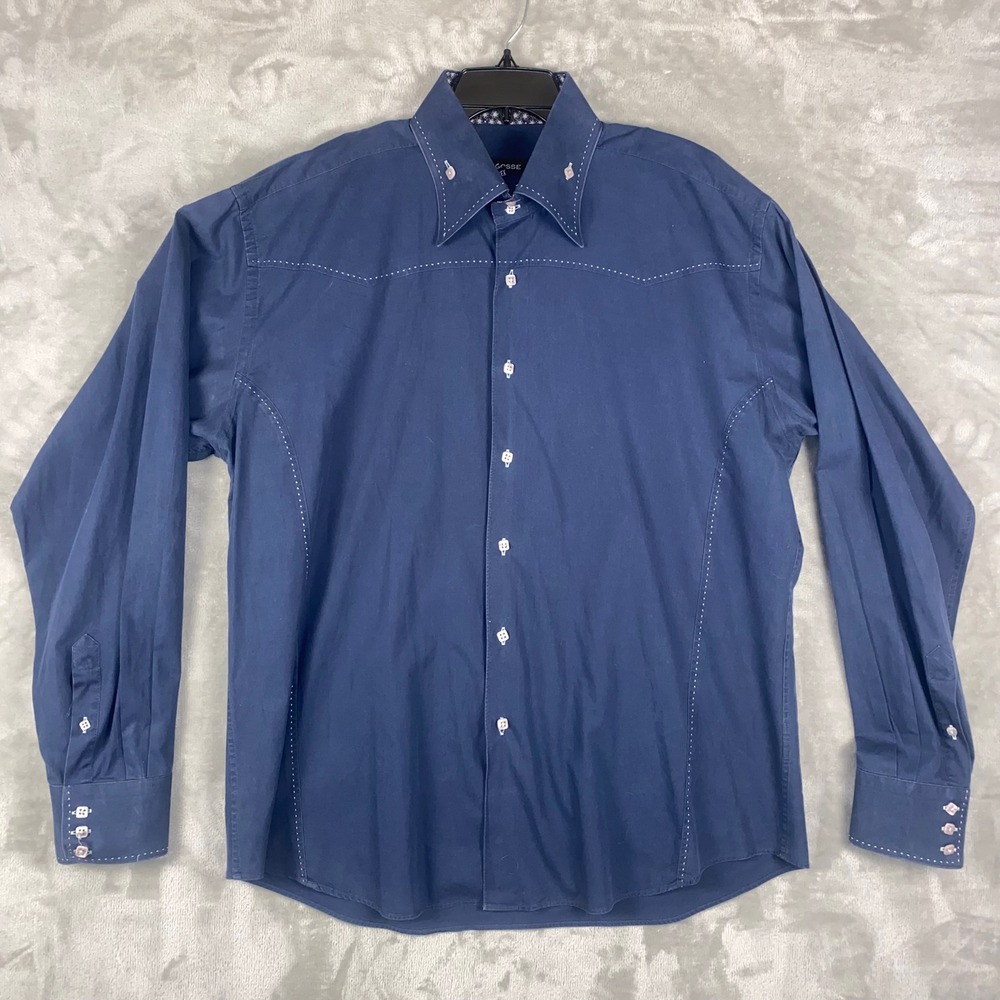 Mens Bogosse Sz 6 Long‎ Sleeve Button Up Dress Shirt Western Style Blue